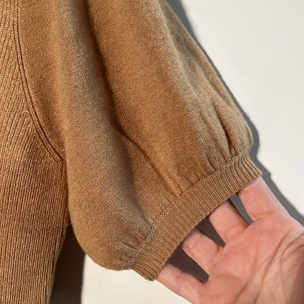 FRENCH CONNECTION NWT Milkmaid Boho Puff SLV SQ. Neck Mix Knit Camel Sweater L